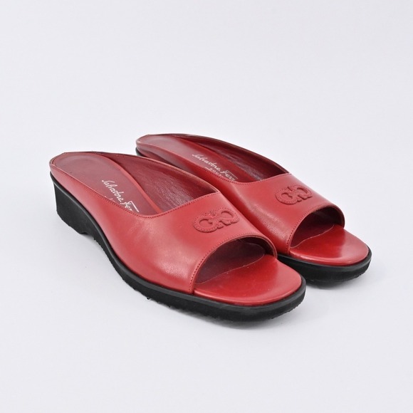 Salvatore Ferragamo Shoes - Salvatore Ferragamo Slide Wedges Womens Size 7B Red Logo Open Toe Comfort Preppy